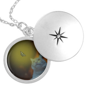 Cat Mesmerized By Butterfly, Locket Necklace