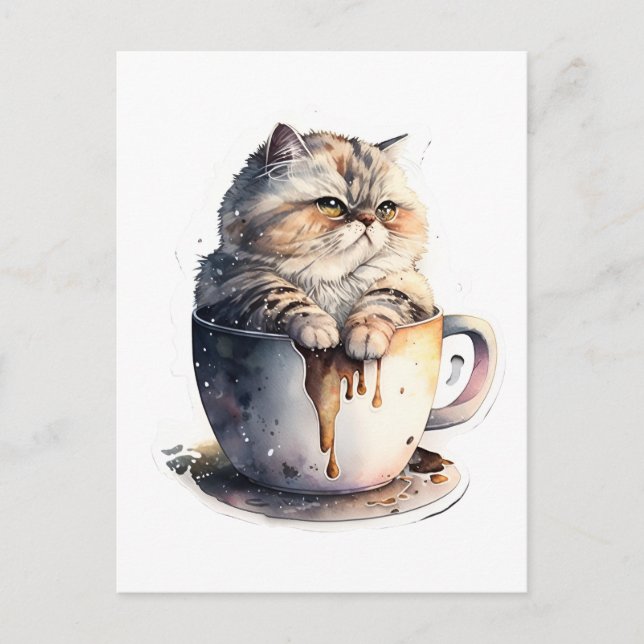 Cat Miaw Cute Cat Coffee Lover Postcard (Front)