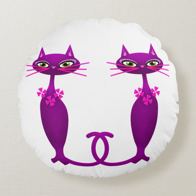 Cat mid century cute girly purple pink white round pillow (Front)