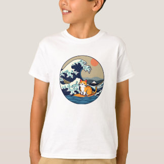 Cat Mignon Kawaii Surf Great Wave Japan funny T-Shirt