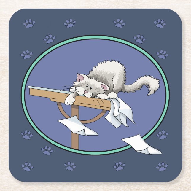 Cat mischief pattern square paper coaster (Front)