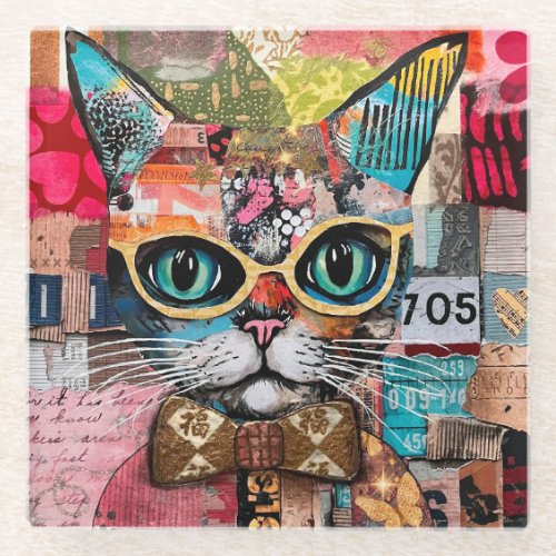 Cat Mixed Mixed Paper Collage  Glass Coaster