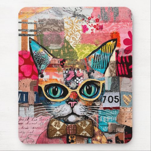 Cat Mixed Mixed Paper Collage  Mouse Pad