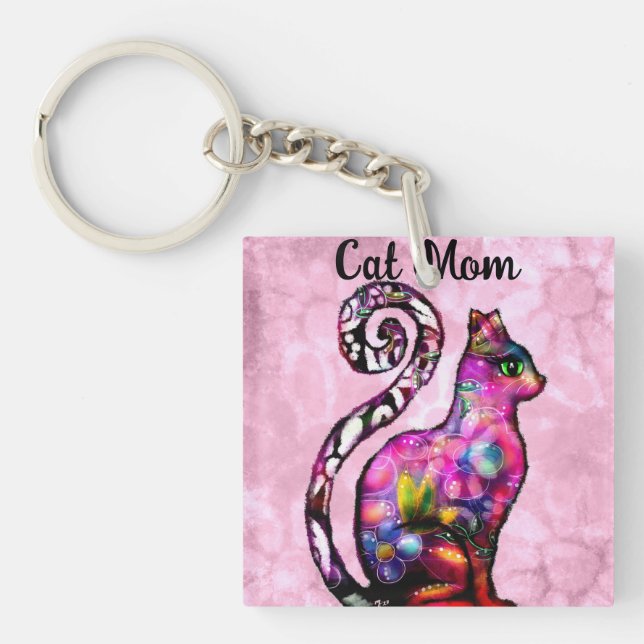Cat Mom Abstract Whimsical Cat Kitty Art Keychain (Front)
