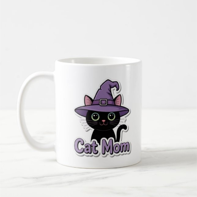 Cat Mom Black Cat Witch Hat Cute Coffee Mug Cat Lo (Left)