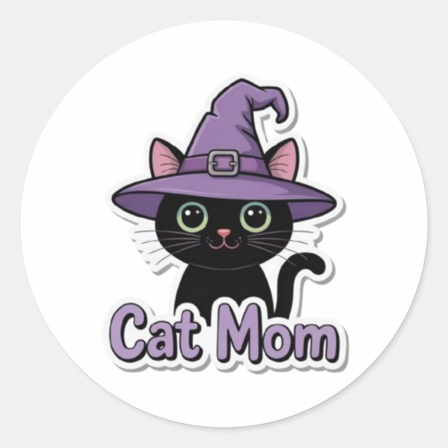 Cat Mom Black Cat Witch Hat Cute Sticker Cat Lover (Front)