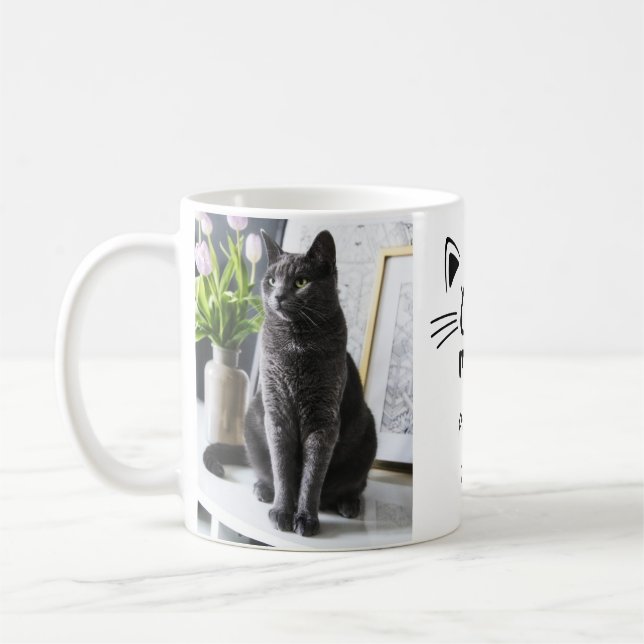 Cat mom cat face personalized 2 photos names  coffee mug (Left)
