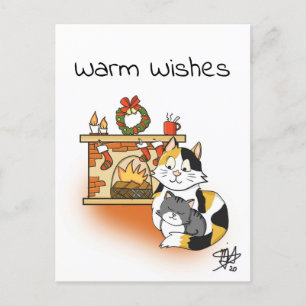 Cat Mom Cozy Christmas Fireplace Postcard
