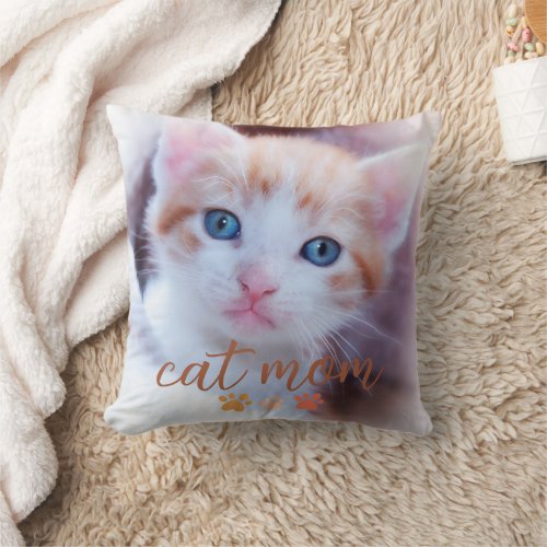 Cat Mom Cute Heart Paw Prints Photo Throw Pillow