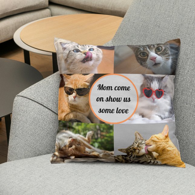 Cat Mom Cute Modern Personalized Pet Photo Collage Throw Pillow (Creator Uploaded)