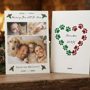 Cat Mom Dog Dad Festive 3 Photo Family Holiday Card