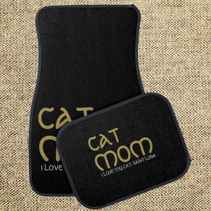 Cat Mom Elegant Custom Pet Script Name Gold Black Car Floor Mat