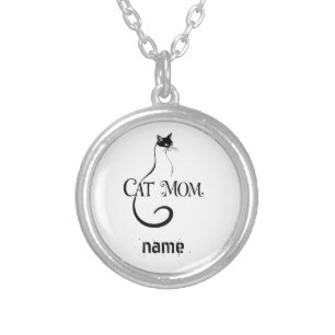 Cat Mom ,Elegant Minimalist Black Cat Typography Silver Plated Necklace