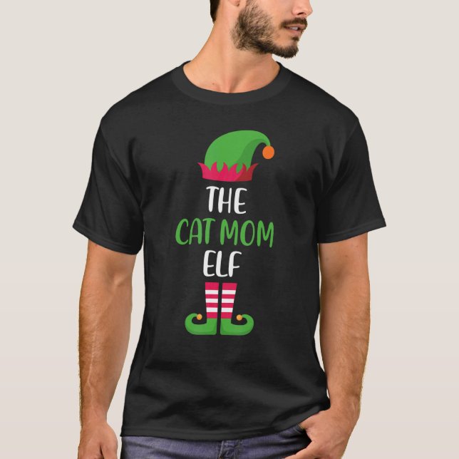 Cat Mom Elf Family Matching Group Christmas Pajama T-Shirt (Front)