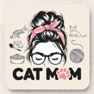 "Cat Mom" Funny Cute Cat Lover Women Beverage Coaster