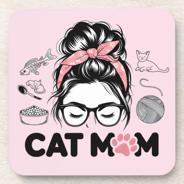"Cat Mom" Funny Cute Cat Lover Women Beverage Coaster (Front)