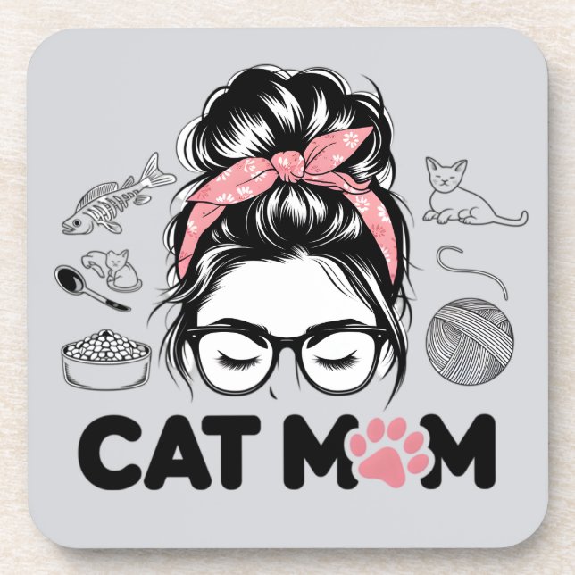 "Cat Mom" Funny Cute Cat Lover Women Beverage Coaster (Front)