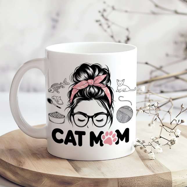 "Cat Mom" Funny Cute Cat Lover Women Coffee Mug ("Cat Mom" Funny Cute Cat Lover Women Coffee Mugon a sunny boho kitchen table with tiny dry flowers)