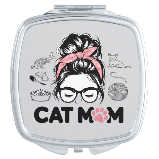 "Cat Mom" Funny Cute Cat Lover Women Compact Mirror (Front)