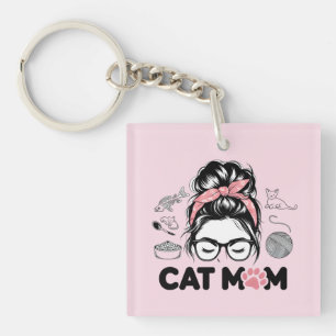 "Cat Mom" Funny Cute Cat Lover Women Keychain