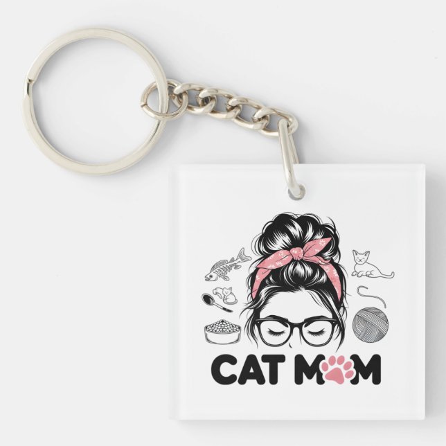 "Cat Mom" Funny Cute Cat Lover Women Keychain (Front)