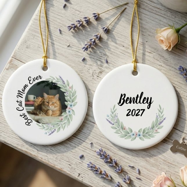 Cat Mom Gift – Floral Lavender Pet Lover Keepsake Ceramic Ornament (Best cat mom ever floral pet photo ornament)