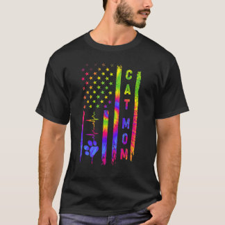 Cat Mom Heartbeat Tie Dye American Us Flag For Mot T-Shirt