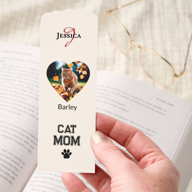 Cat Mom Hearts Pet Name and Photos Elegant Cream Bookmarks (Hand)