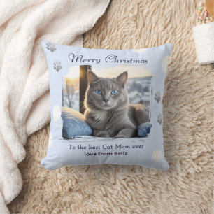 Cat Mom Ice Blue Pet Photo Christmas Throw Pillow