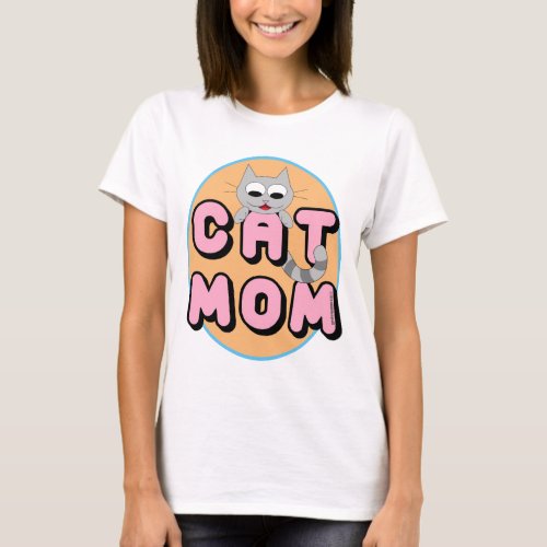 CAT MOM Ladies Cute Gray Cartoon Cat T_Shirt