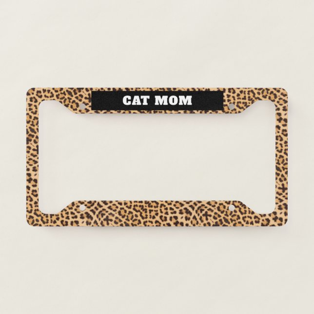 Cat Mom Leopard Print Black Customized License Plate Frame (Front)