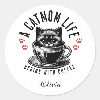 Cat Mom Life Begins with Coffee - personalized Classic Round Sticker