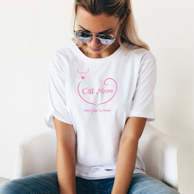 Cat Mom Love Shape and Pink Simple Script T-Shirt (Creator Uploaded)