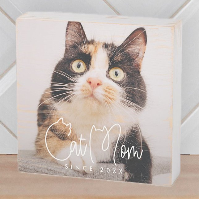 Cat Mom Modern Chic Playful and Fun Custom Photo Wooden Box Sign (Creator Uploaded)