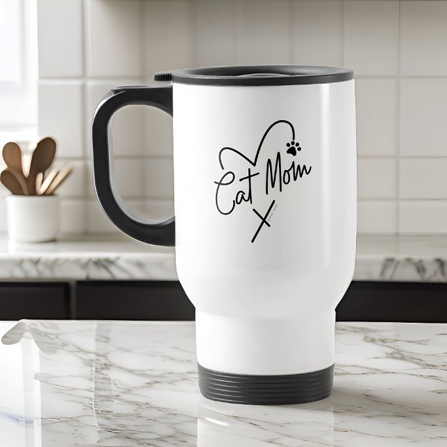 Cat Mom Modern Playful Heart and Fun Typography Travel Mug (Creator Uploaded)
