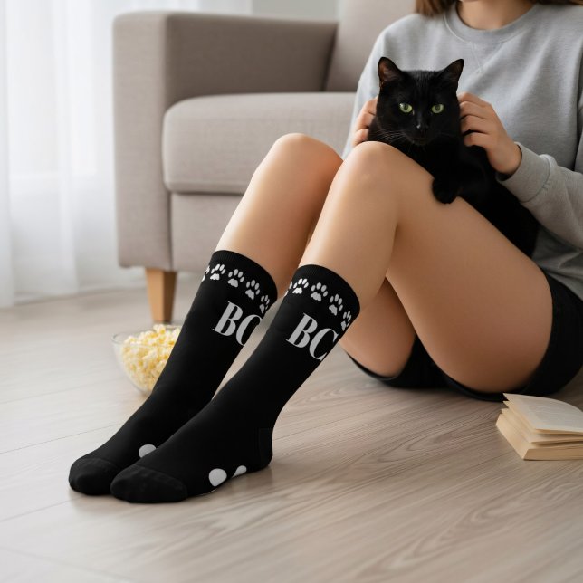 Cat Mom Monogram Black and White Paw Print Socks (Socks for the cat mom (or cat dad) Add your initials)