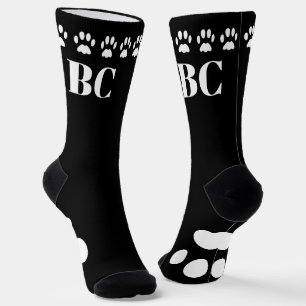 Cat Mom Monogram Black and White Paw Print Socks