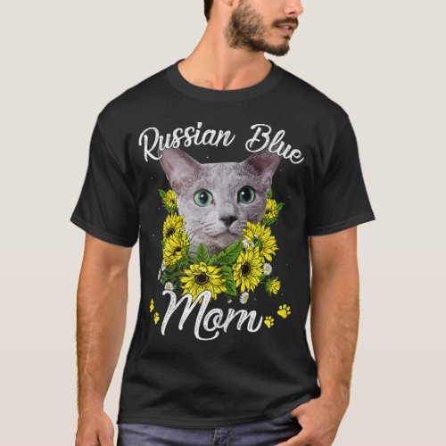 Cat Mom Mothers Day Gifts Sunflower Russian Blue  T_Shirt