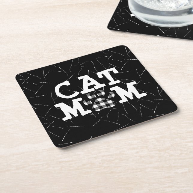 Cat Mom Pawprint with Cat Hairs  Square Paper Coaster (Angled)