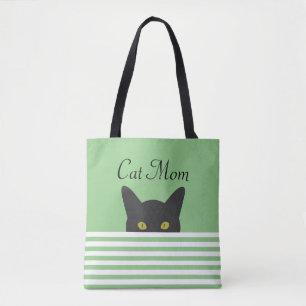 Cat Mom Peeking Black Cat Green Stripe Shoulder Tote Bag