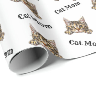 Cat Mom Peeking Kurilian Bobtail Repeating Pattern Wrapping Paper