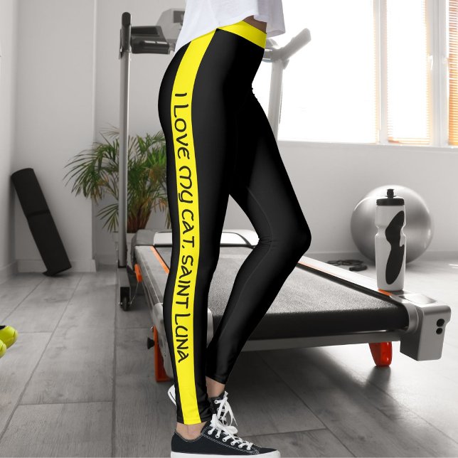 Cat Mom Pet Lover Script Text Yellow Stripes Black Leggings (Creator Uploaded)