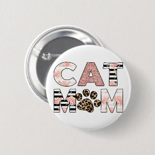 Cat Mom Pink Floral & Leopard Paw Button