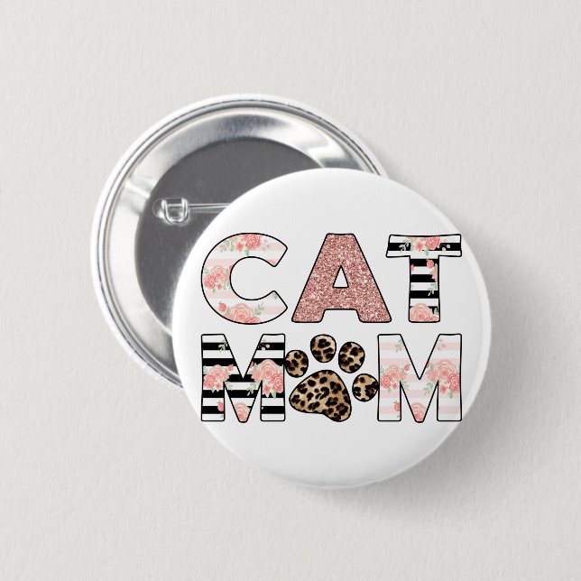 Cat Mom Pink Floral & Leopard Paw Button (Front & Back)