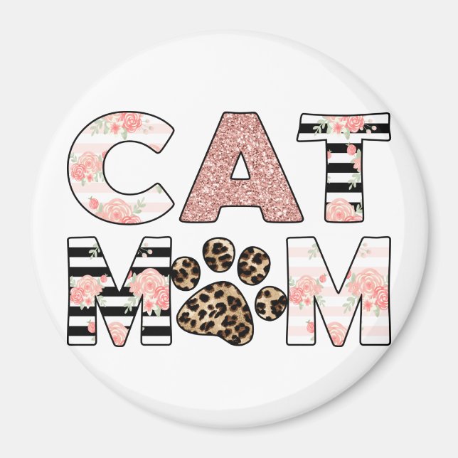 Cat Mom Pink Floral & Leopard Paw Magnet (Front)