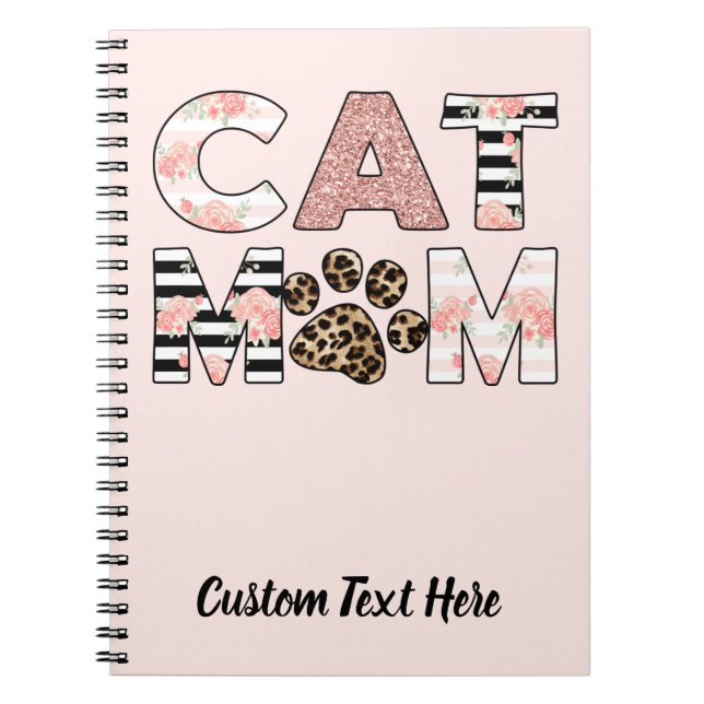 Cat Mom Pink Floral & Leopard Paw Notebook (Front)