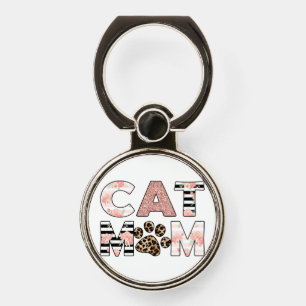 Cat Mom Pink Floral & Leopard Paw Phone Ring Stand