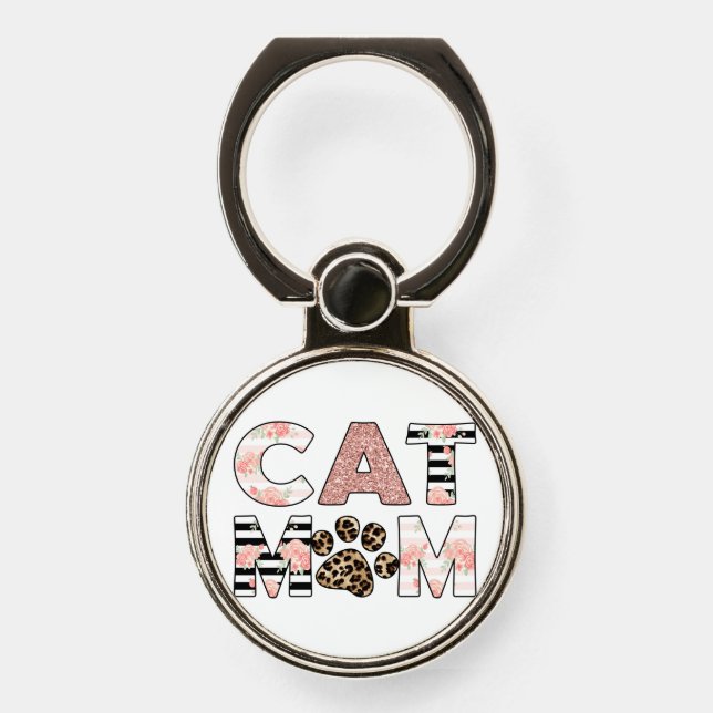 Cat Mom Pink Floral & Leopard Paw Phone Ring Stand (Front)