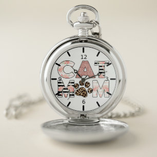 Cat Mom Pink Floral & Leopard Paw Pocket Watch