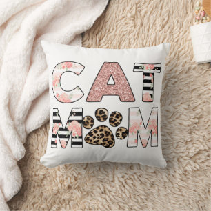 Cat Mom Pink Floral & Leopard Paw Throw Pillow